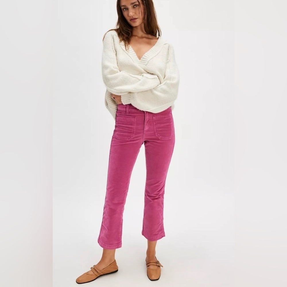 Free People High Time Velvet Kick Flare Pants in Pink Verry Berry size 0